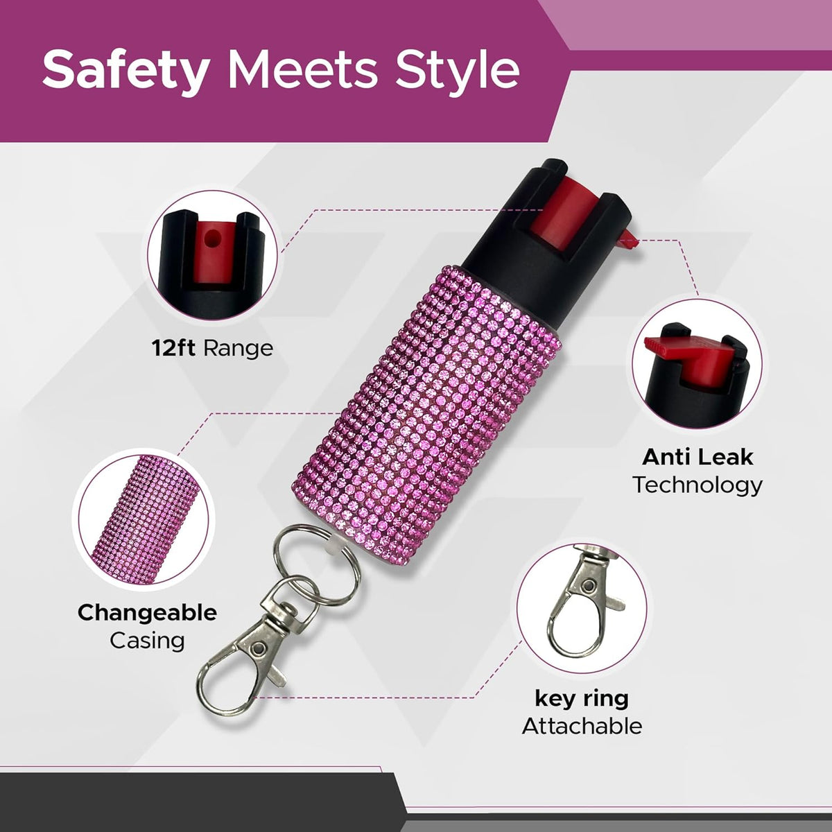 FURY Rhinestone Pepper Spray - Police-Grade Self-Defense with 12ft Range & UV Dye - Pink