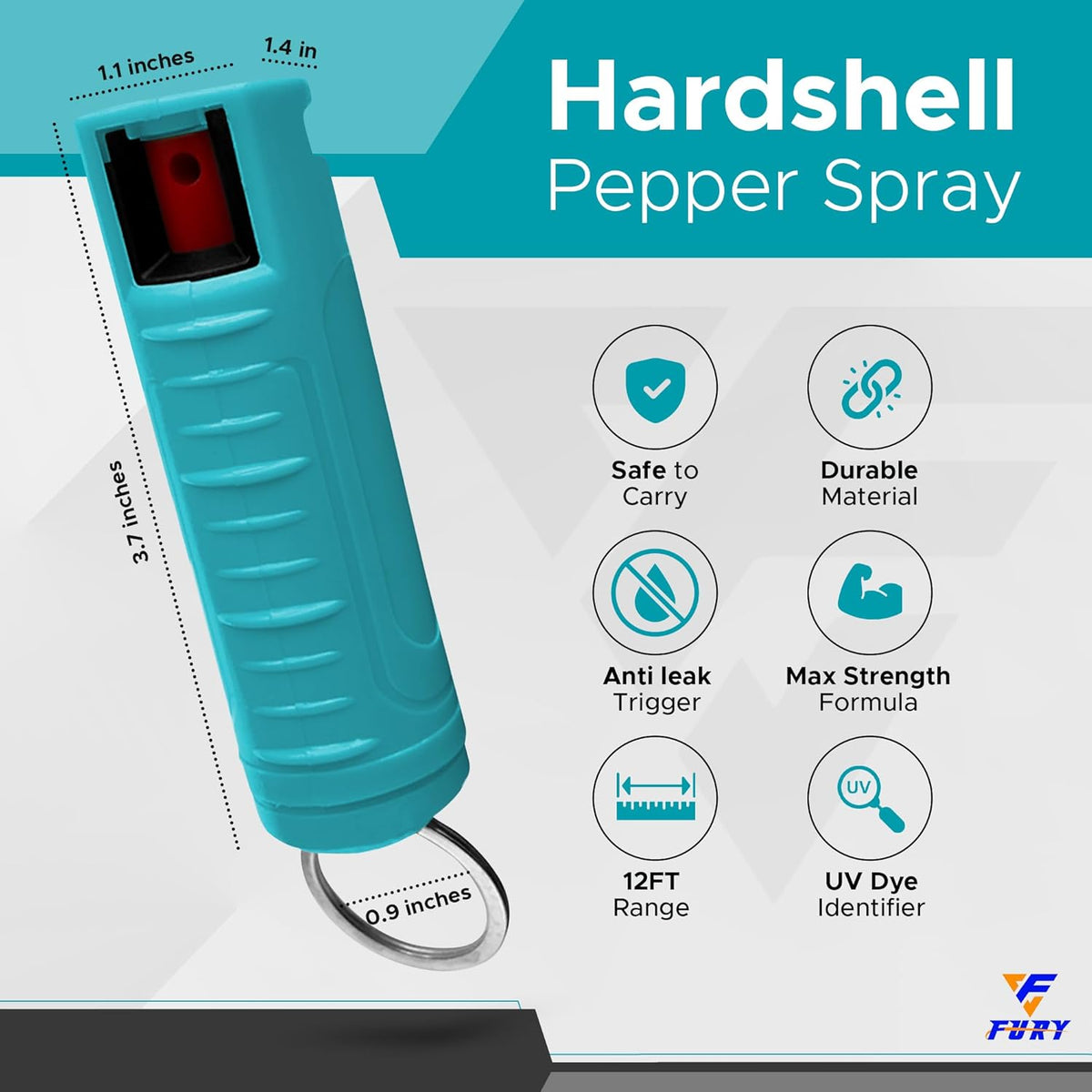 FURY Hardshell Pepper Spray - Max Strength with 12ft Range & UV Dye - Blue