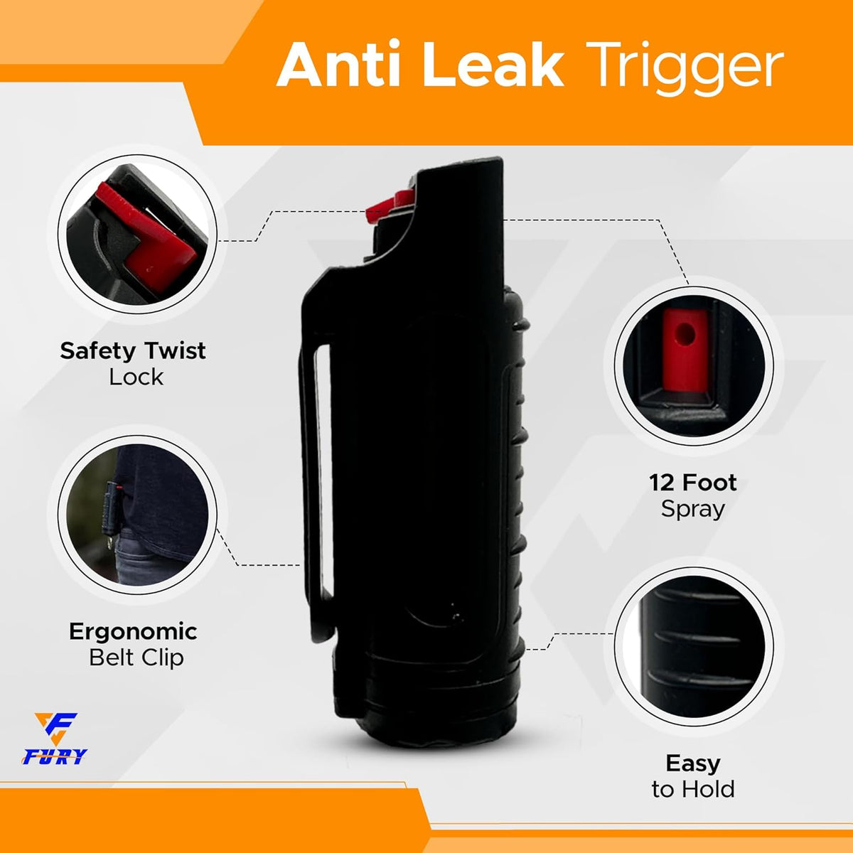 FURY Hardshell Pepper Spray - Max Strength with 12ft Range & UV Dye - Black