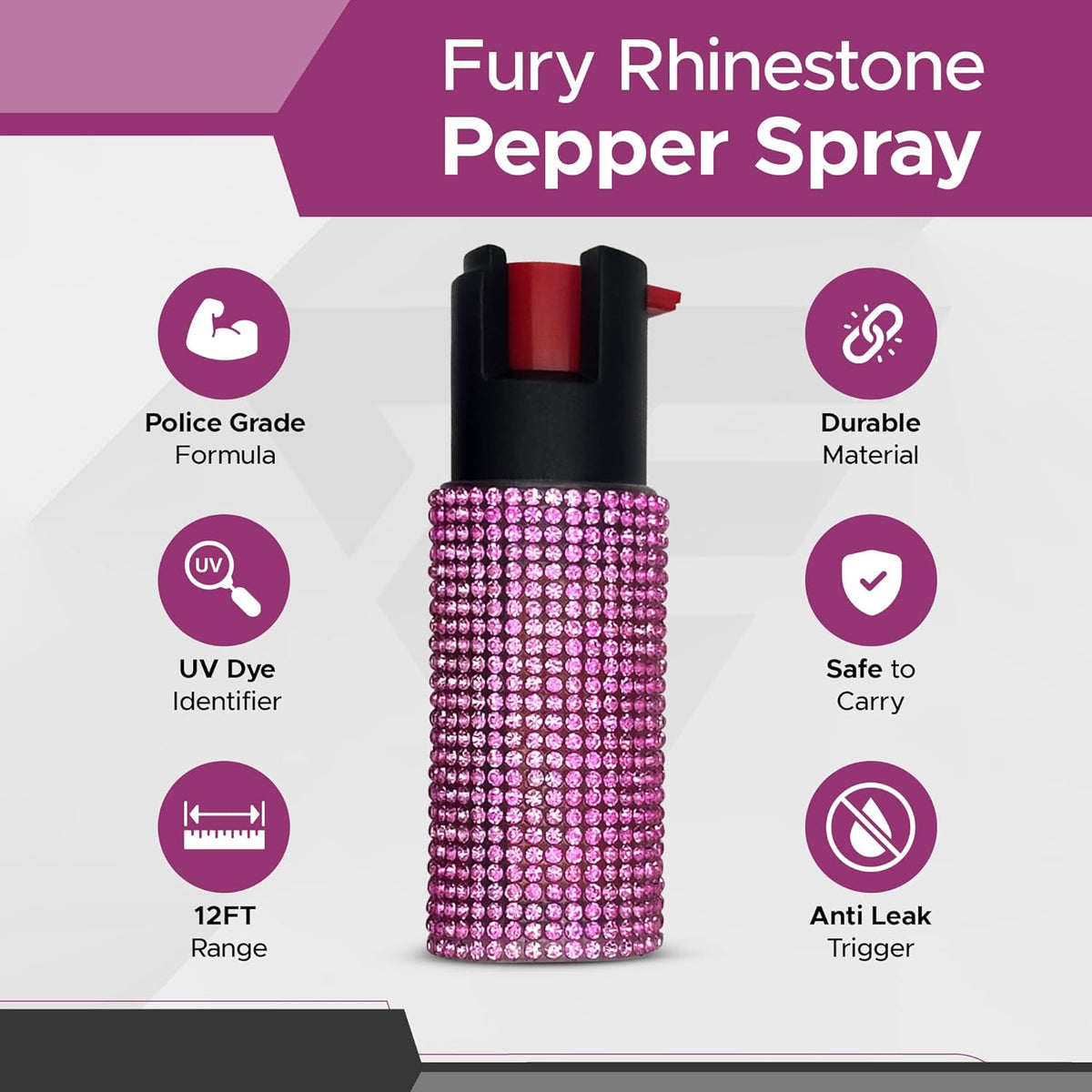 FURY Rhinestone Pepper Spray - Police-Grade Self-Defense with 12ft Range & UV Dye - Pink