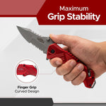 FURY Razor Tactical Folding Knife - 3.5" Serrated 420 Stainless Steel Blade with Seatbelt Cutter & Belt Clip - Red