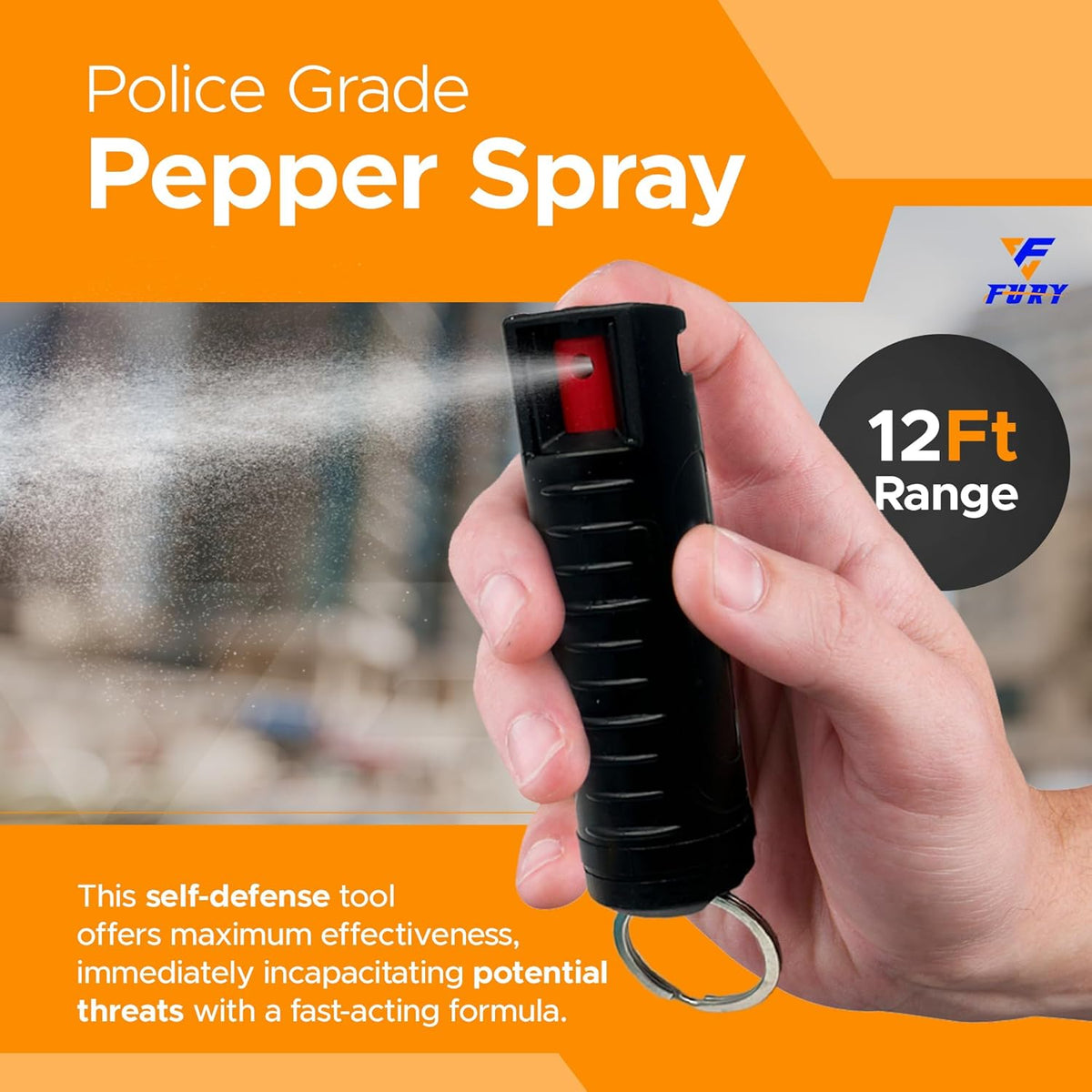 FURY Hardshell Pepper Spray - Max Strength with 12ft Range & UV Dye - Black