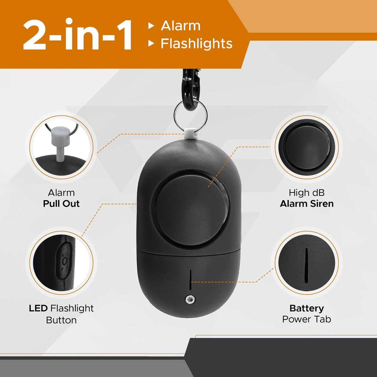 FURY Personal Safety Alarm - 110dB Panic Siren with Dual LED Flashlight & Carabiner Clip - Black