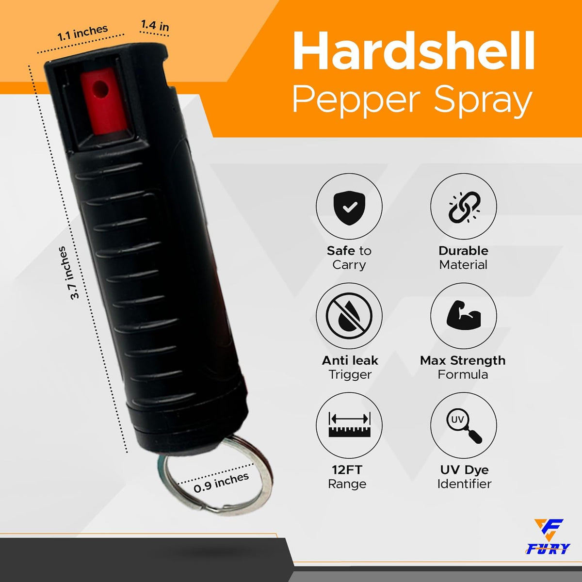 FURY Hardshell Pepper Spray - Max Strength with 12ft Range & UV Dye - Black