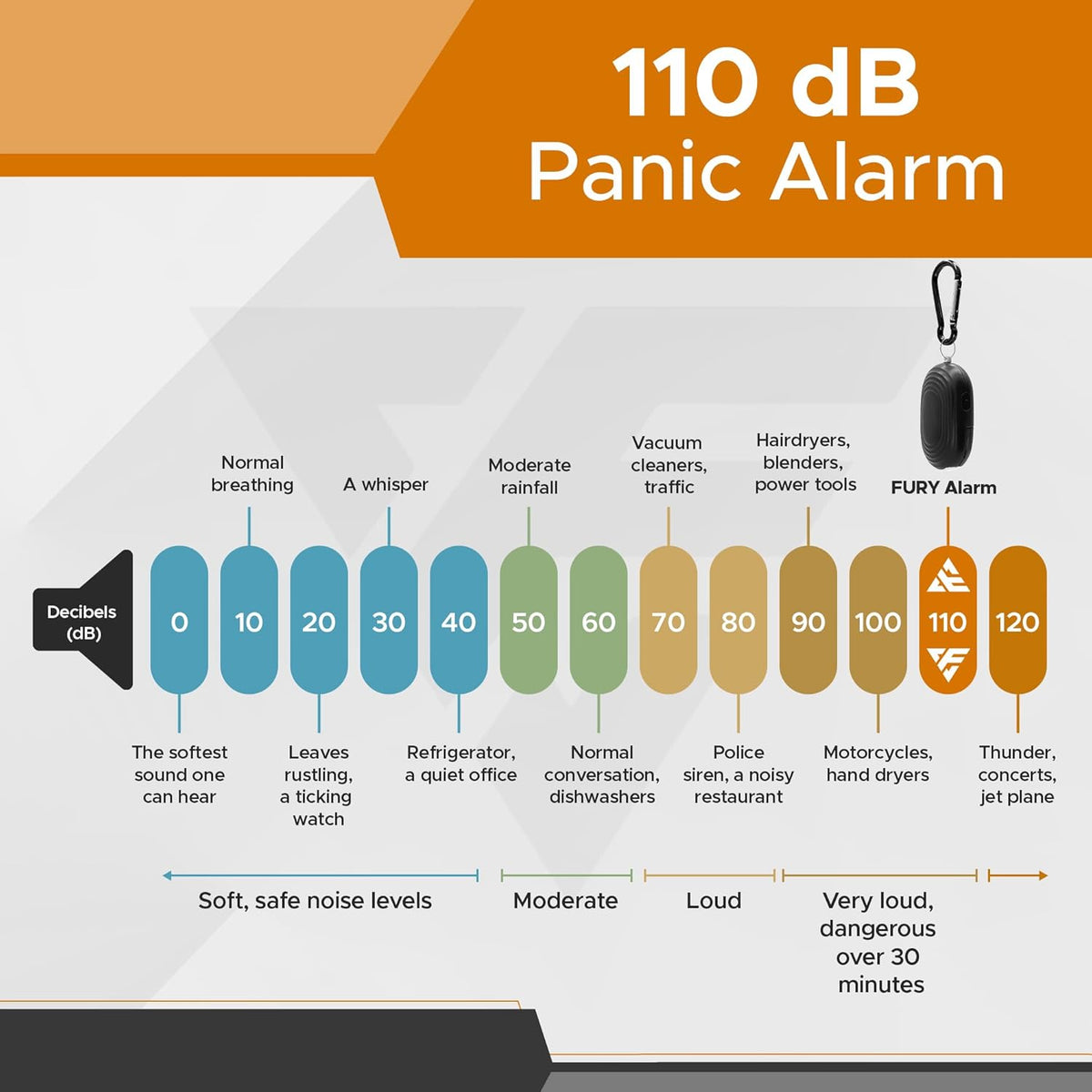 FURY Personal Safety Alarm - 110dB Panic Siren with Dual LED Flashlight & Carabiner Clip - Black