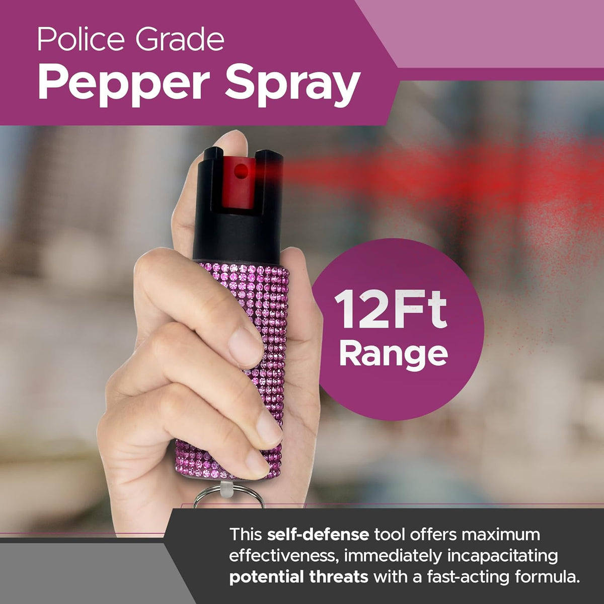 FURY Rhinestone Pepper Spray - Police-Grade Self-Defense with 12ft Range & UV Dye - Pink