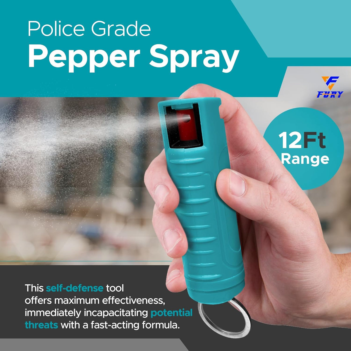 FURY Hardshell Pepper Spray - Max Strength with 12ft Range & UV Dye - Blue