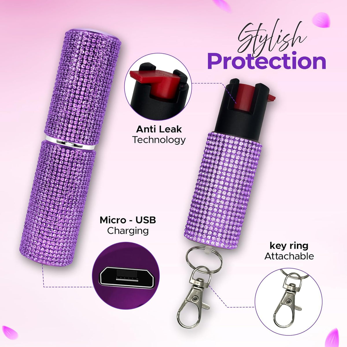 FURY Rhinestone Pepper Spray & Lipstick Stun Gun Combo - Self-Defense Kit - Purple