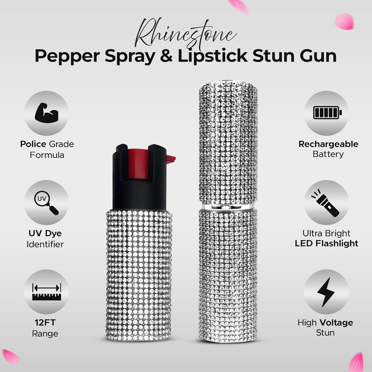 FURY Rhinestone Pepper Spray & Lipstick Stun Gun Combo - Self-Defense Kit - Silver