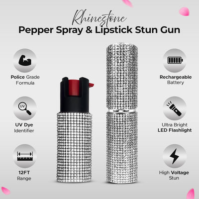 FURY Rhinestone Pepper Spray & Lipstick Stun Gun Combo - Self-Defense Kit - Silver