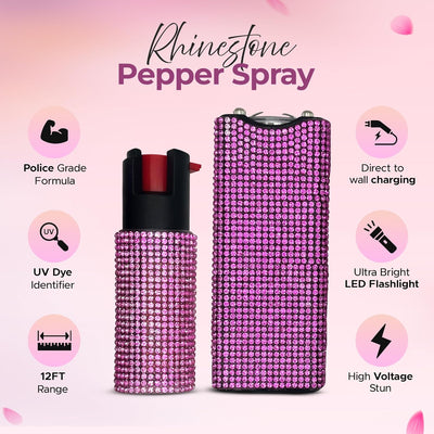 FURY Rhinestone Pepper Spray & Mini Stun Gun Combo - Self-Defense Kit - Pink Rhinestone