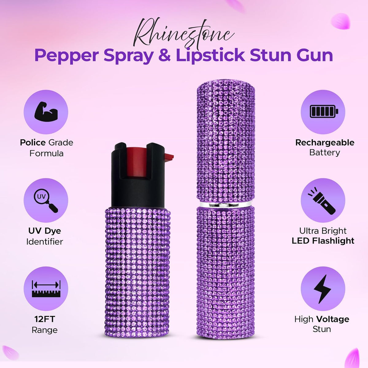 FURY Rhinestone Pepper Spray & Lipstick Stun Gun Combo - Self-Defense Kit - Purple