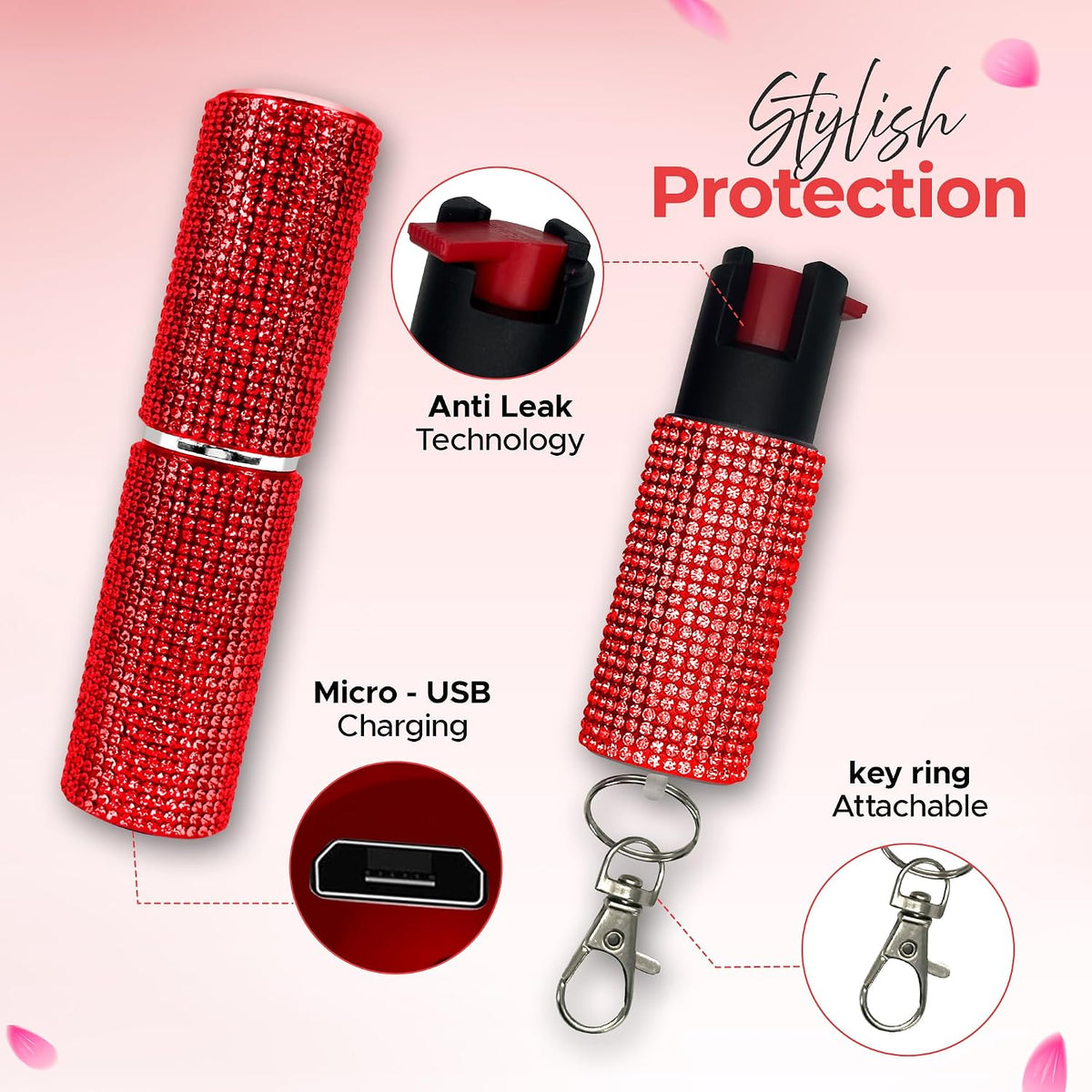FURY Rhinestone Pepper Spray & Lipstick Stun Gun Combo - Self-Defense Kit - Red