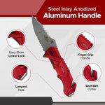 FURY Razor Tactical Folding Knife - 3.5" Serrated 420 Stainless Steel Blade with Seatbelt Cutter & Belt Clip - Red