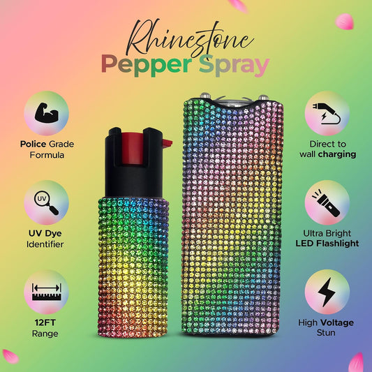 FURY Rhinestone Pepper Spray & Mini Stun Gun Combo - Self-Defense Kit - Rainbow