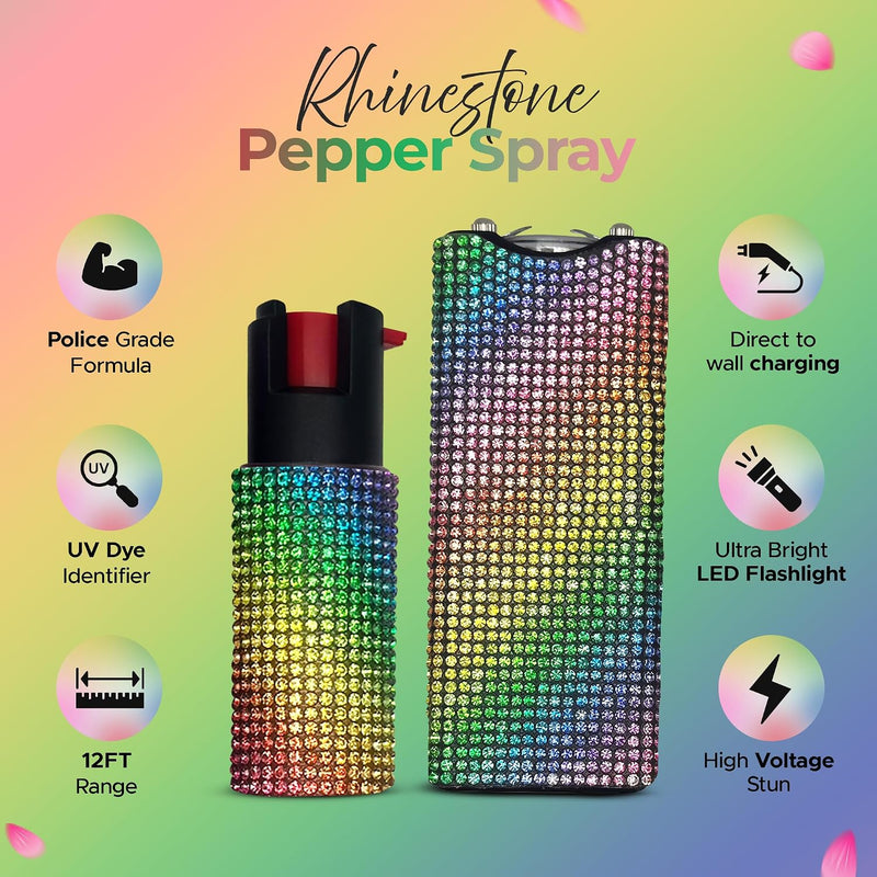 FURY Rhinestone Pepper Spray & Mini Stun Gun Combo - Self-Defense Kit - Rainbow