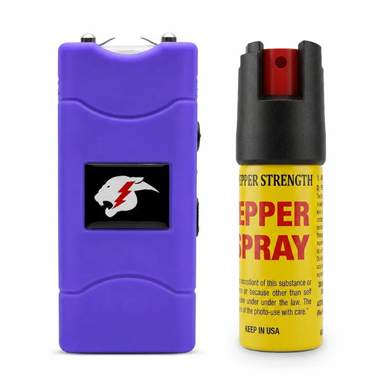 [PURPLE] FURY Pepper Spray & Mini Stun Gun Combo - Self-Defense Kit with LED Flashlight & UV Dye