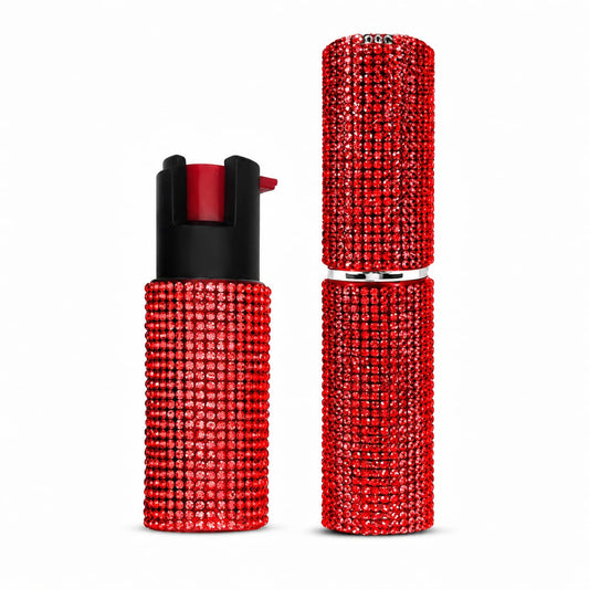 [RED] FURY Rhinestone Pepper Spray & Lipstick Stun Gun Combo - Self-Defense Kit