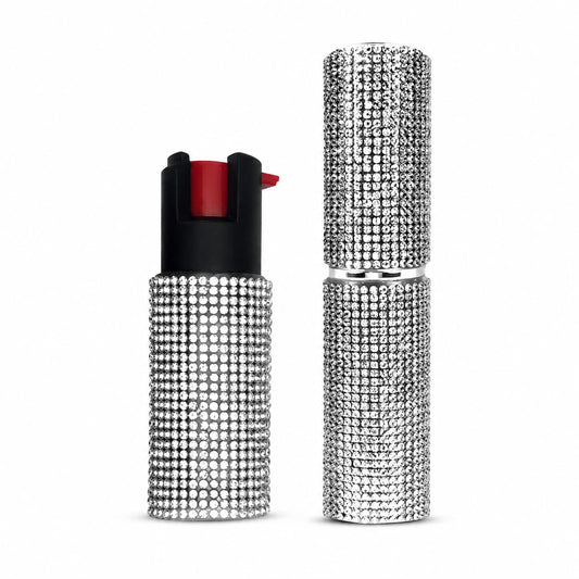 [SILVER] FURY Rhinestone Pepper Spray & Lipstick Stun Gun Combo - Self-Defense Kit