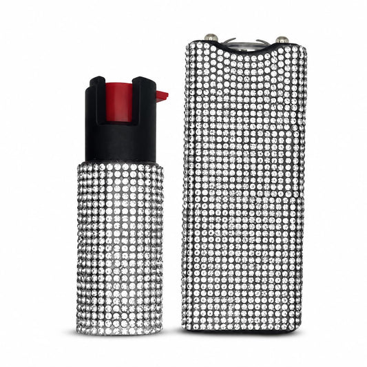[SILVER] FURY Rhinestone Pepper Spray & Mini Stun Gun Combo - Self-Defense Kit